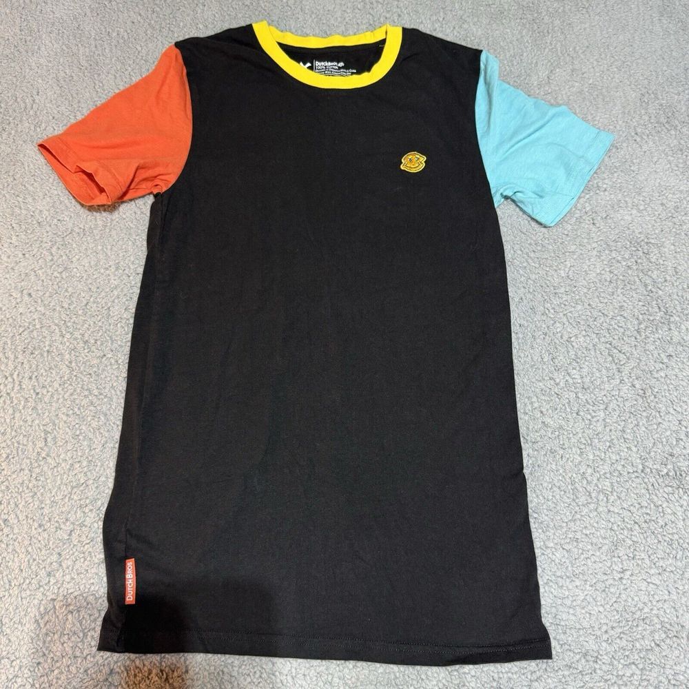 Dutch Bros Embroidered Logo Tee Shirt Black With Red & Blue Sleeves Size SM‎